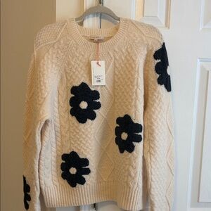 Skies Are Blue Cream Sweater with Black Floral Design